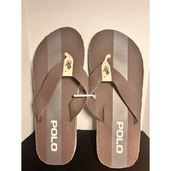 RALPH LAUREN Polo Sandals Men Size 10/11 Leather Flip Flops Shoes Brown Tan NWOT - Picture 1 of 3